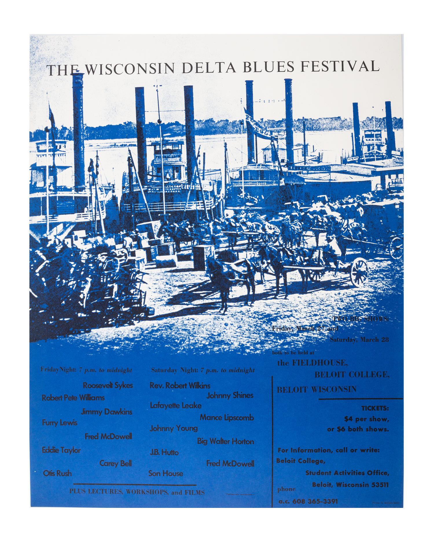 [MUSIC]. A group of 4 posters promoting blues acts and festivals, incl. Luther Allison, Dr. Ross, and various performers at the Detroit and Wisconsin Delta Blues Festivals.