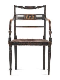 A Classical Black and Gilt Decorated Cane-Upholstered Armchair