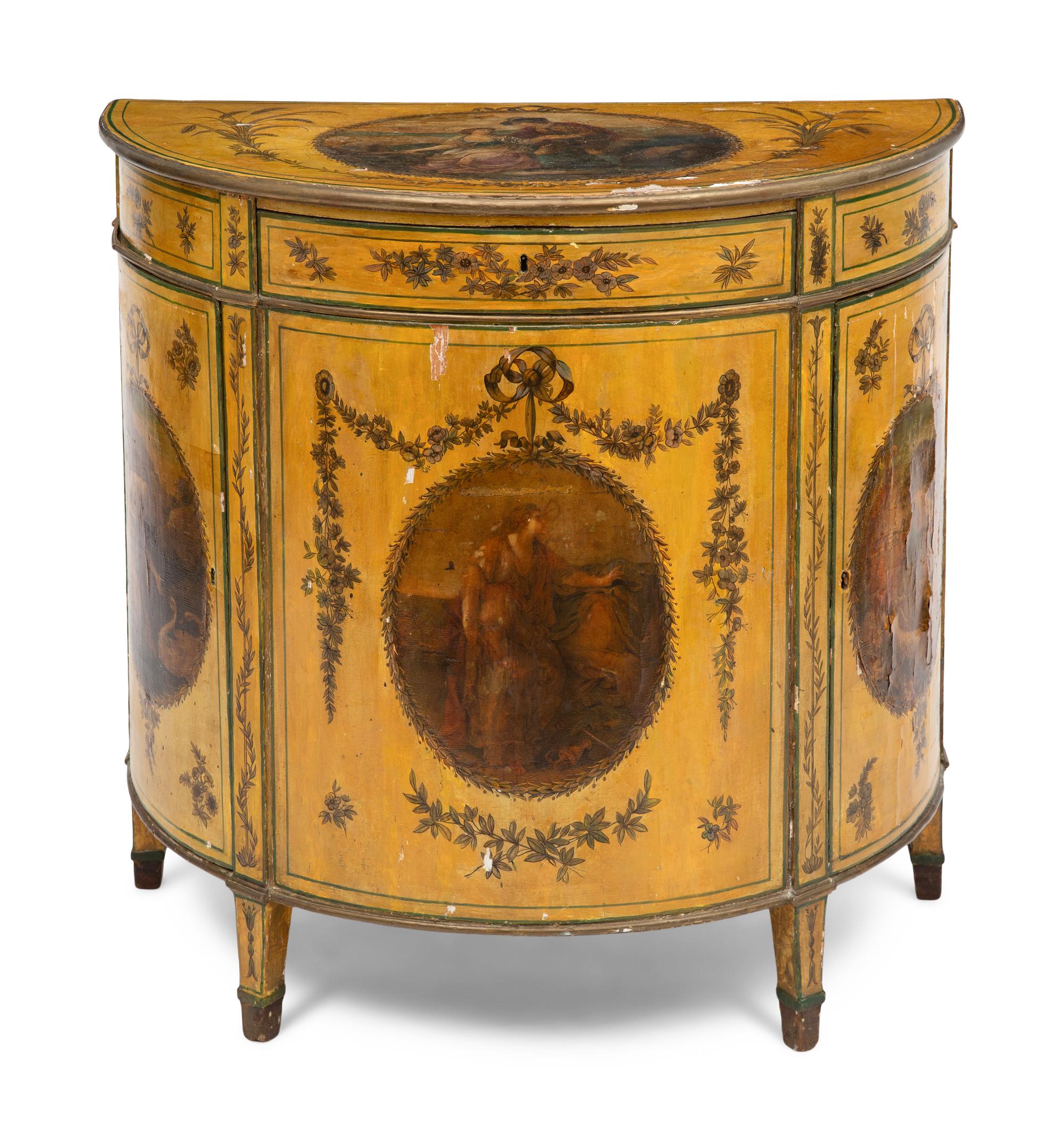 A George III Paint Decorated Demilune Cabinet