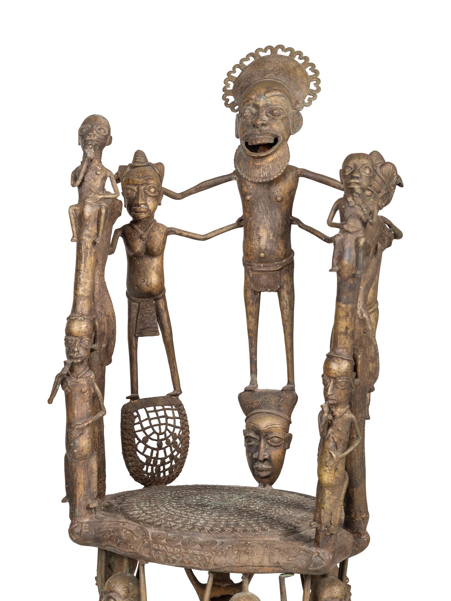 Two Benin Bronze Figural Throne Chairs