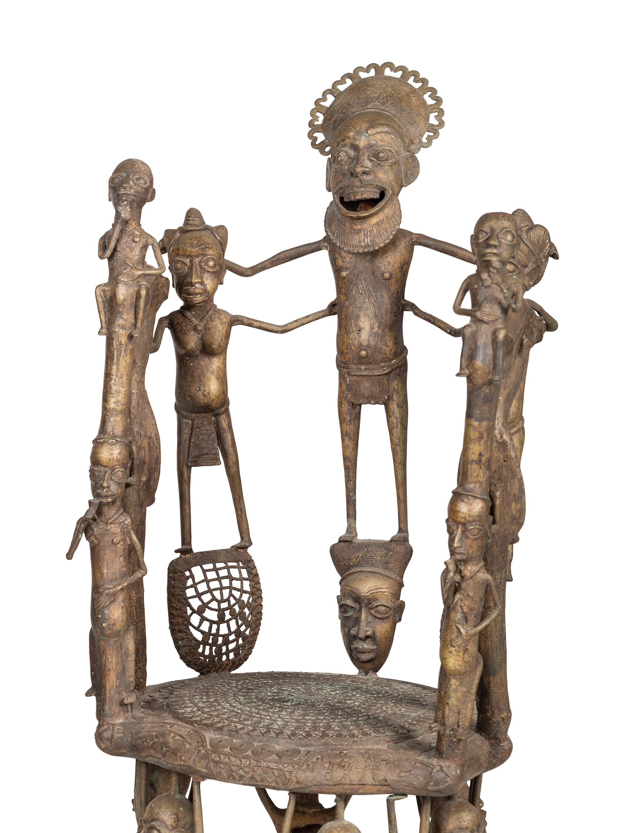 Two Benin Bronze Figural Throne Chairs