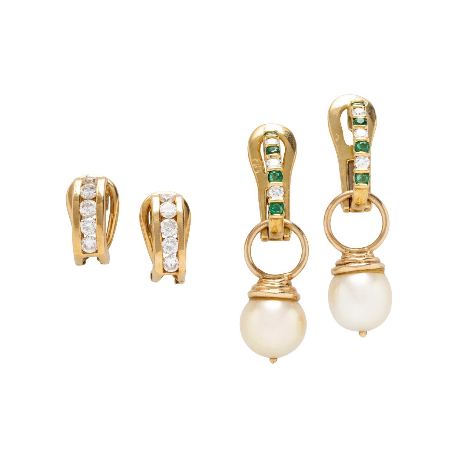 COLLECTION OF YELLOW GOLD DIAMOND, CULTURED PEARL, AND EMERALD CONVERTIBLE CLIP EARRINGS