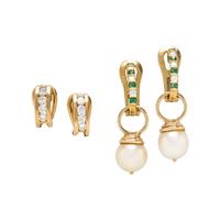 COLLECTION OF YELLOW GOLD DIAMOND, CULTURED PEARL, AND EMERALD CONVERTIBLE CLIP EARRINGS