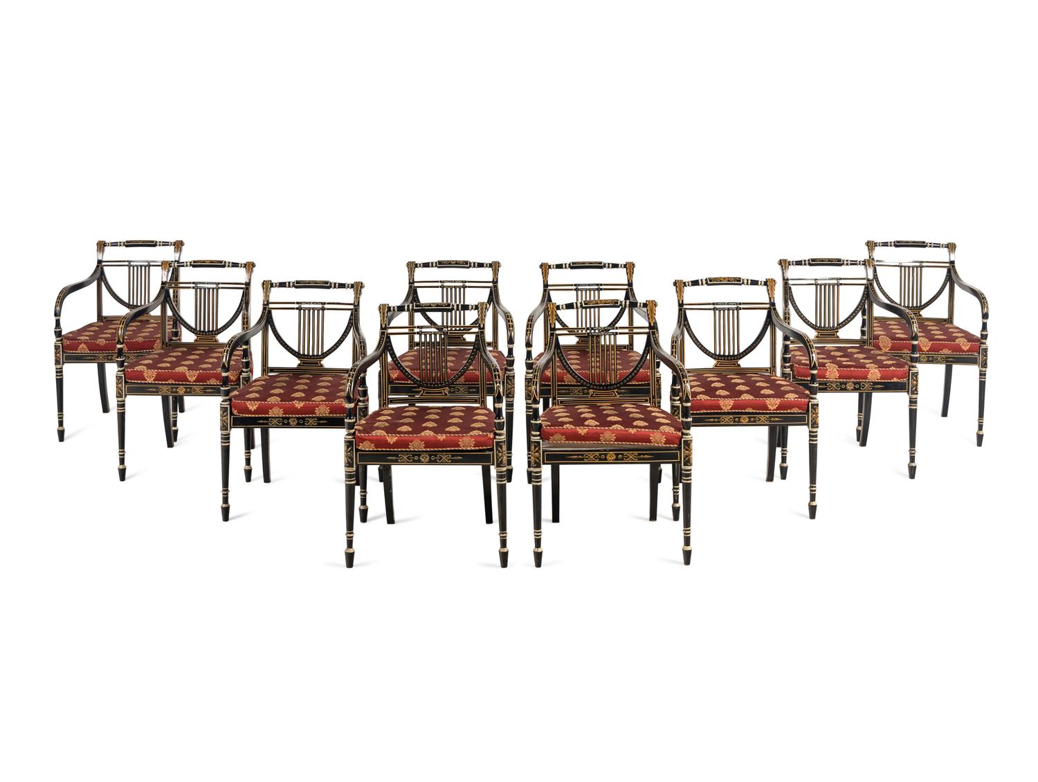 A Set of Ten Regency Style Painted Dining Chairs
