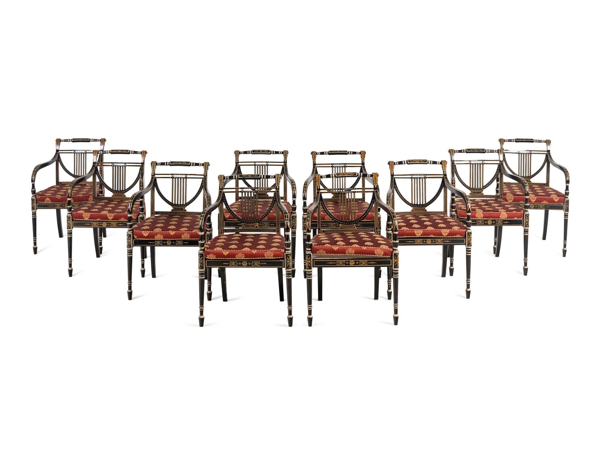 A Set of Ten Regency Style Painted Dining Chairs
