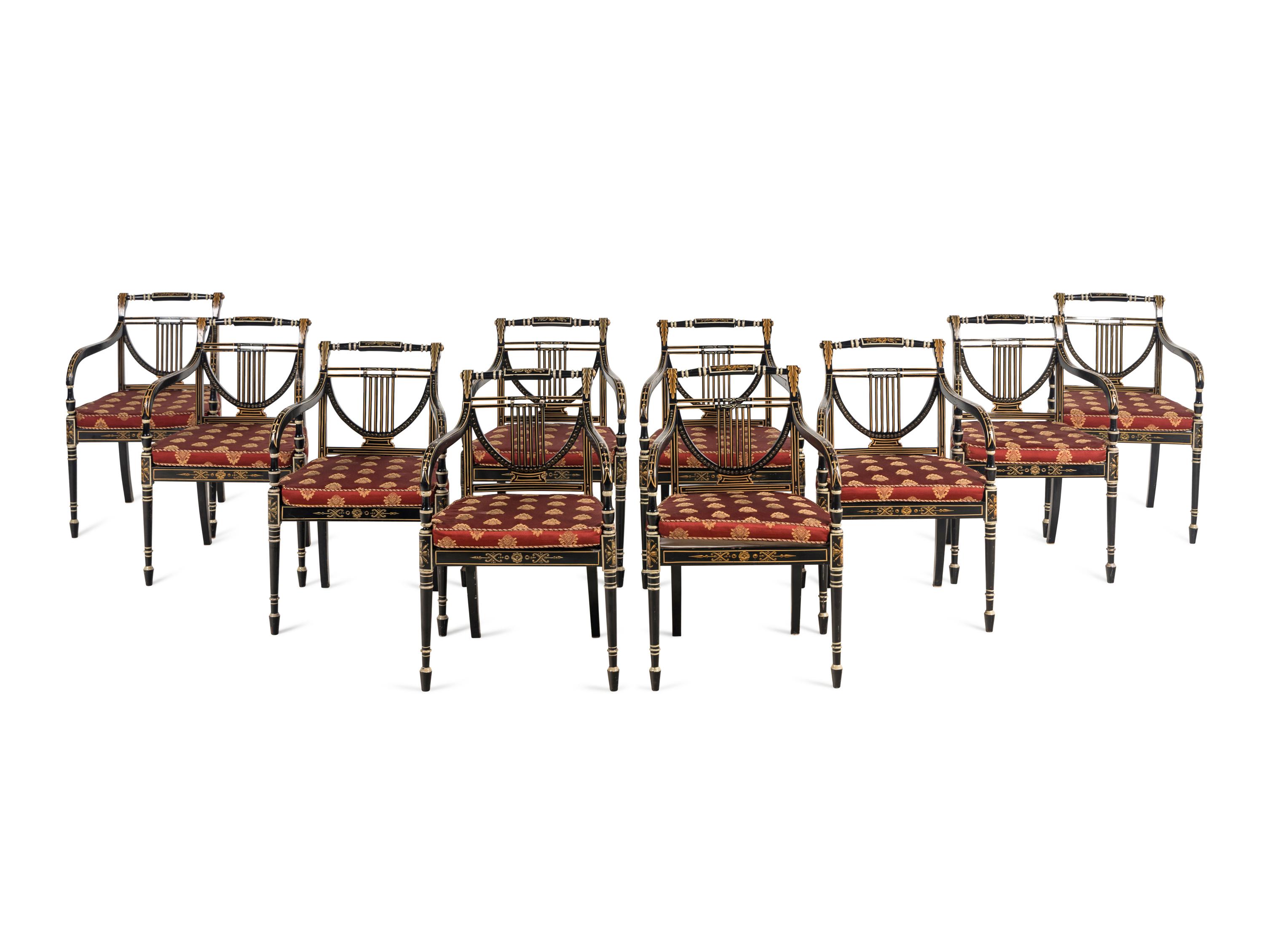 A Set of Ten Regency Style Painted Dining Chairs