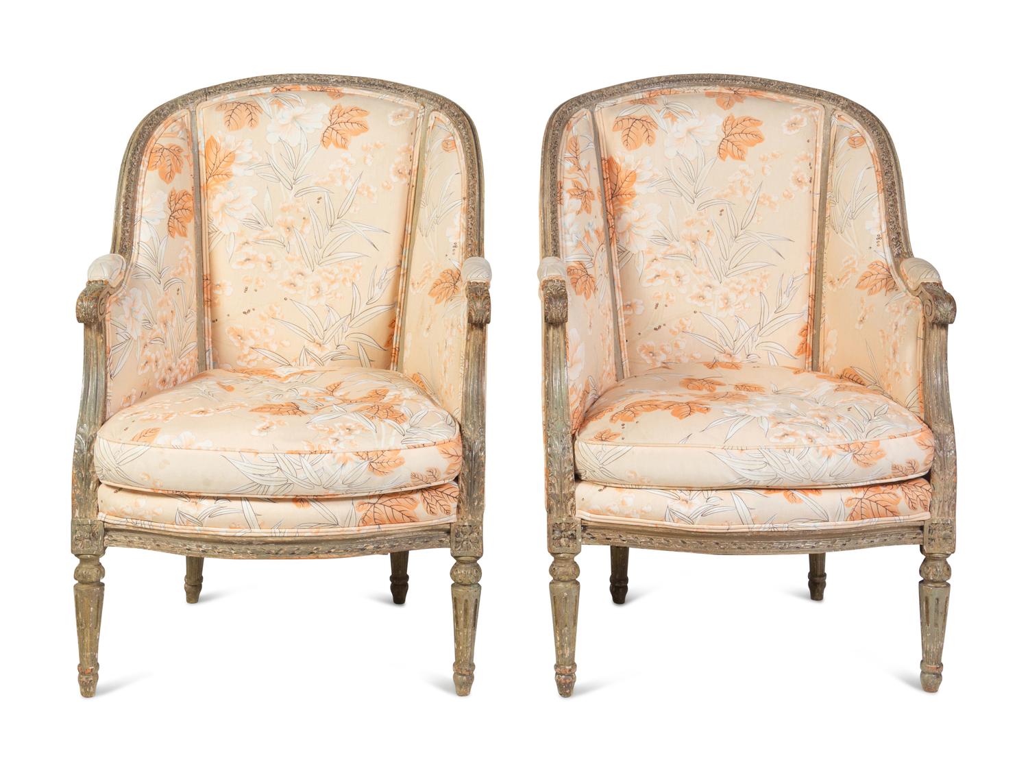 A Pair of Louis XVI Style Gray-Painted Bergères