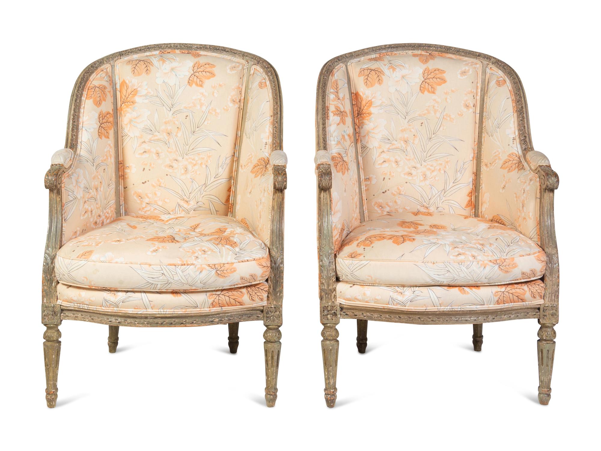 A Pair of Louis XVI Style Gray-Painted Bergères