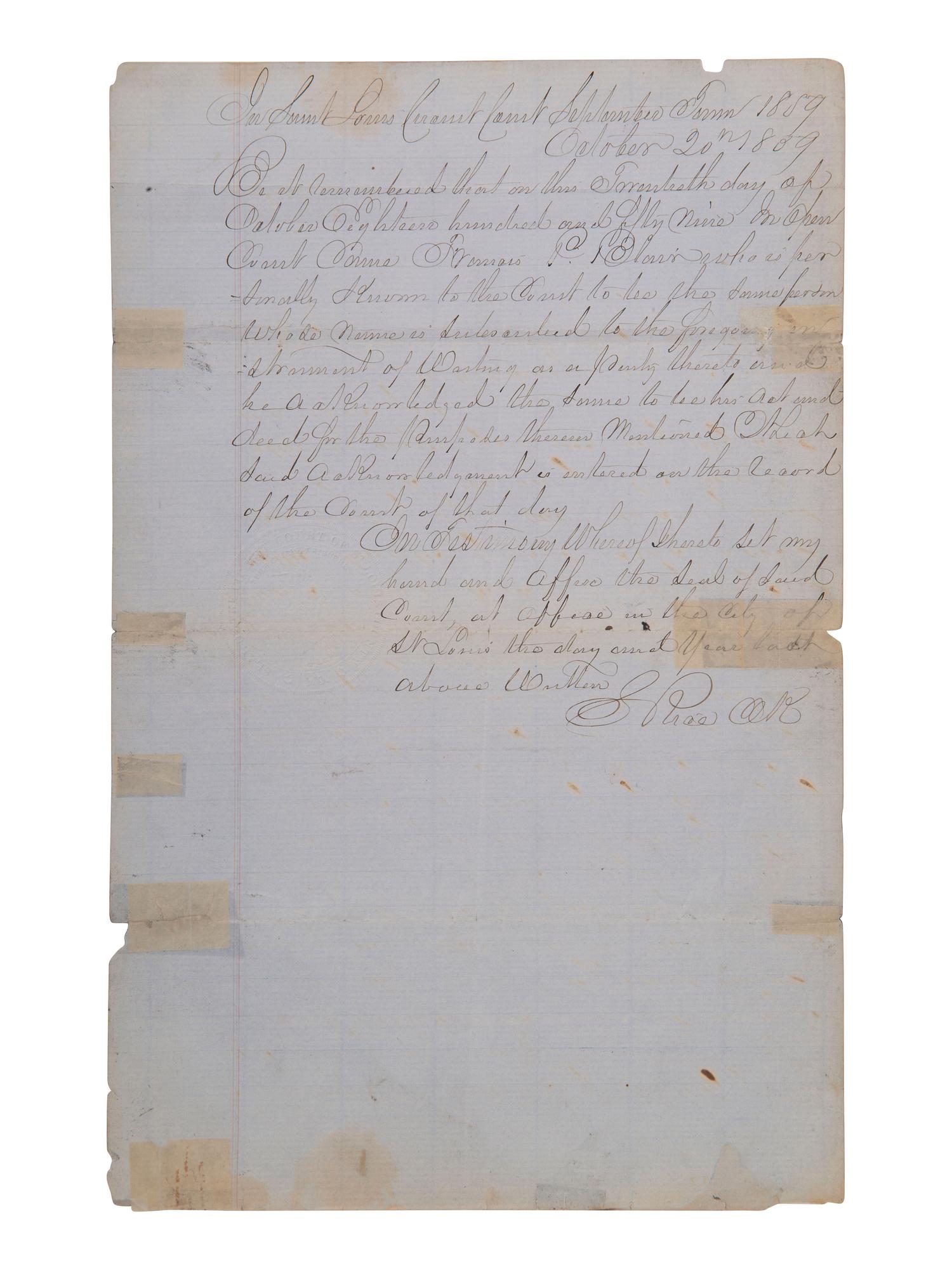 [ENSLAVEMENT]. Manuscript manumission of 4 enslaved women by Francis P. BLAIR. St. Louis, MO, 1859.