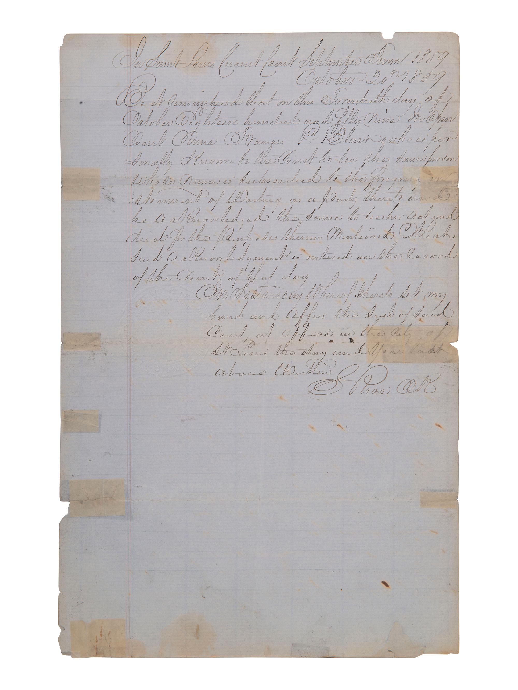 [ENSLAVEMENT]. Manuscript manumission of 4 enslaved women by Francis P. BLAIR. St. Louis, MO, 1859.