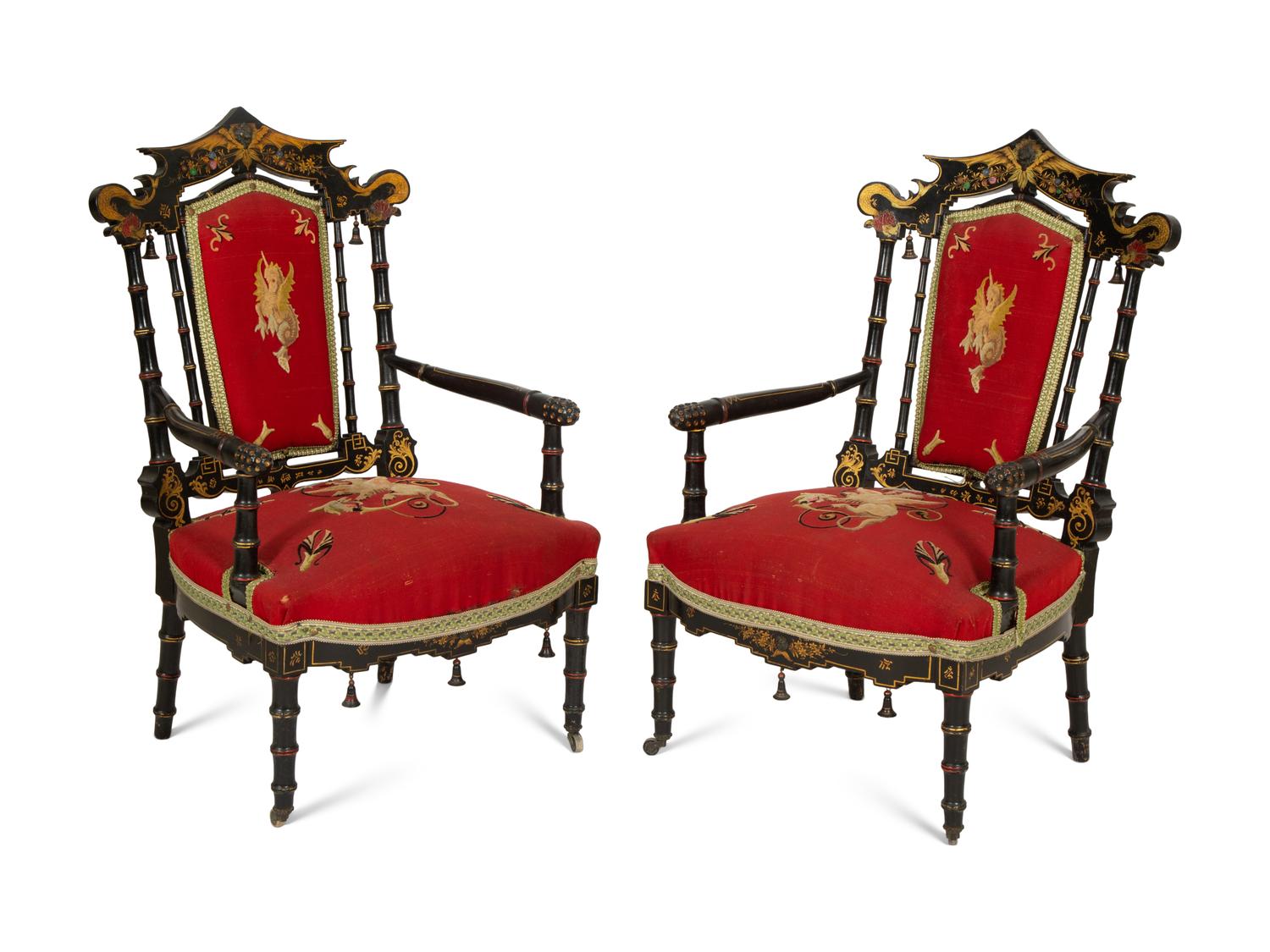 A Set of Four Black and Polychrome Chinoiserie-Decorated Chairs