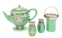 Four Lenox Porcelain Silver Overlay Articles Height of teapot 6 inches.
