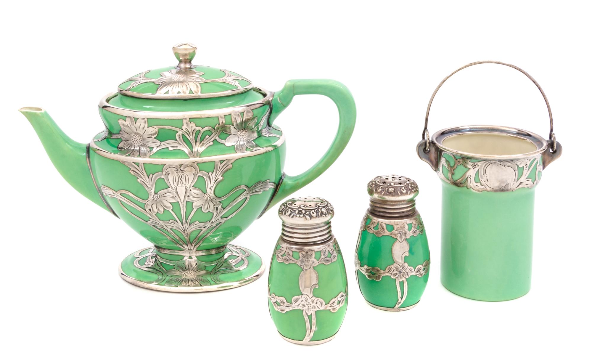 Four Lenox Porcelain Silver Overlay Articles Height of teapot 6 inches.