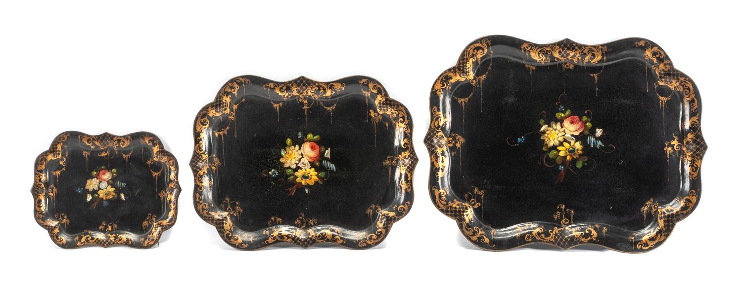 A Set of Three English Papier Mache Trays Width of widest tray 29 1/2 inches. — 19TH CENTURY