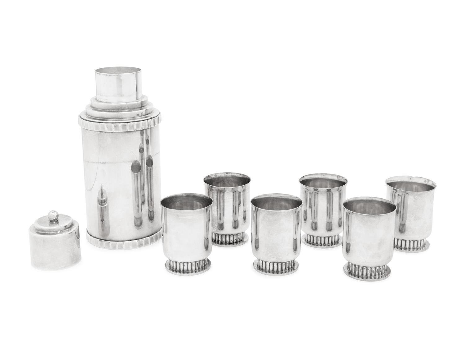 An American Silver-Plate Cocktail Shaker and Six Cocktail Cups
