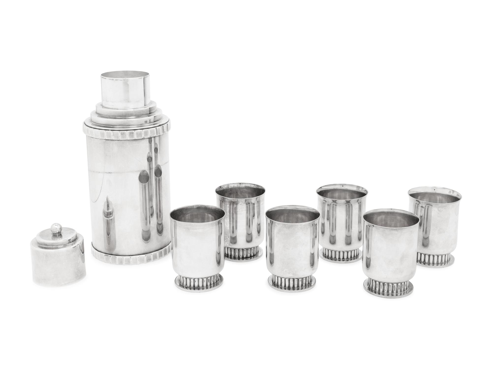 An American Silver-Plate Cocktail Shaker and Six Cocktail Cups