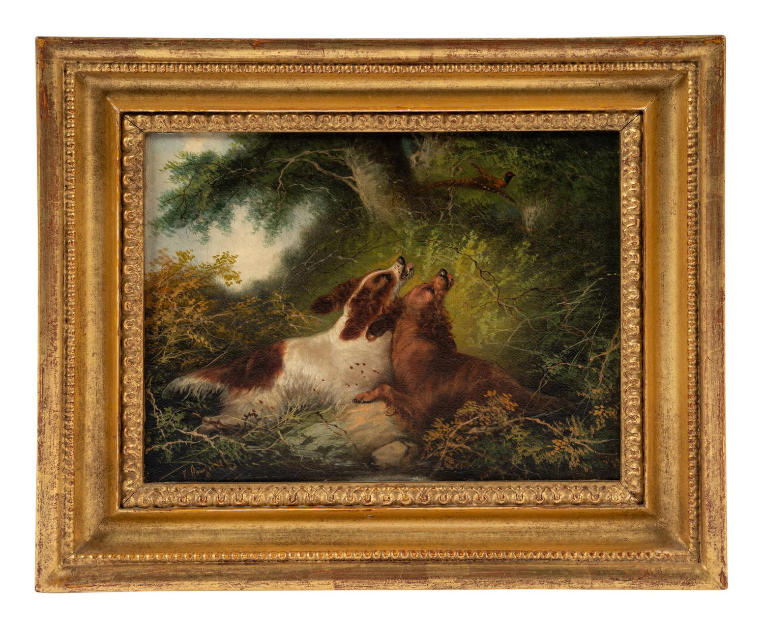 Two Hounds Chasing a Pheasant