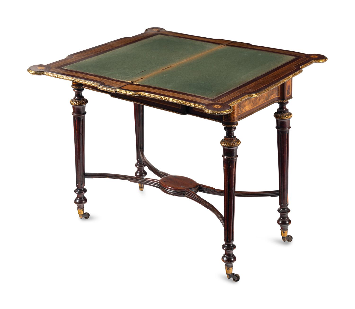 A Napoleon III Style Gilt Bronze Mounted Mahogany and Marquetry Flip-Top Game Table