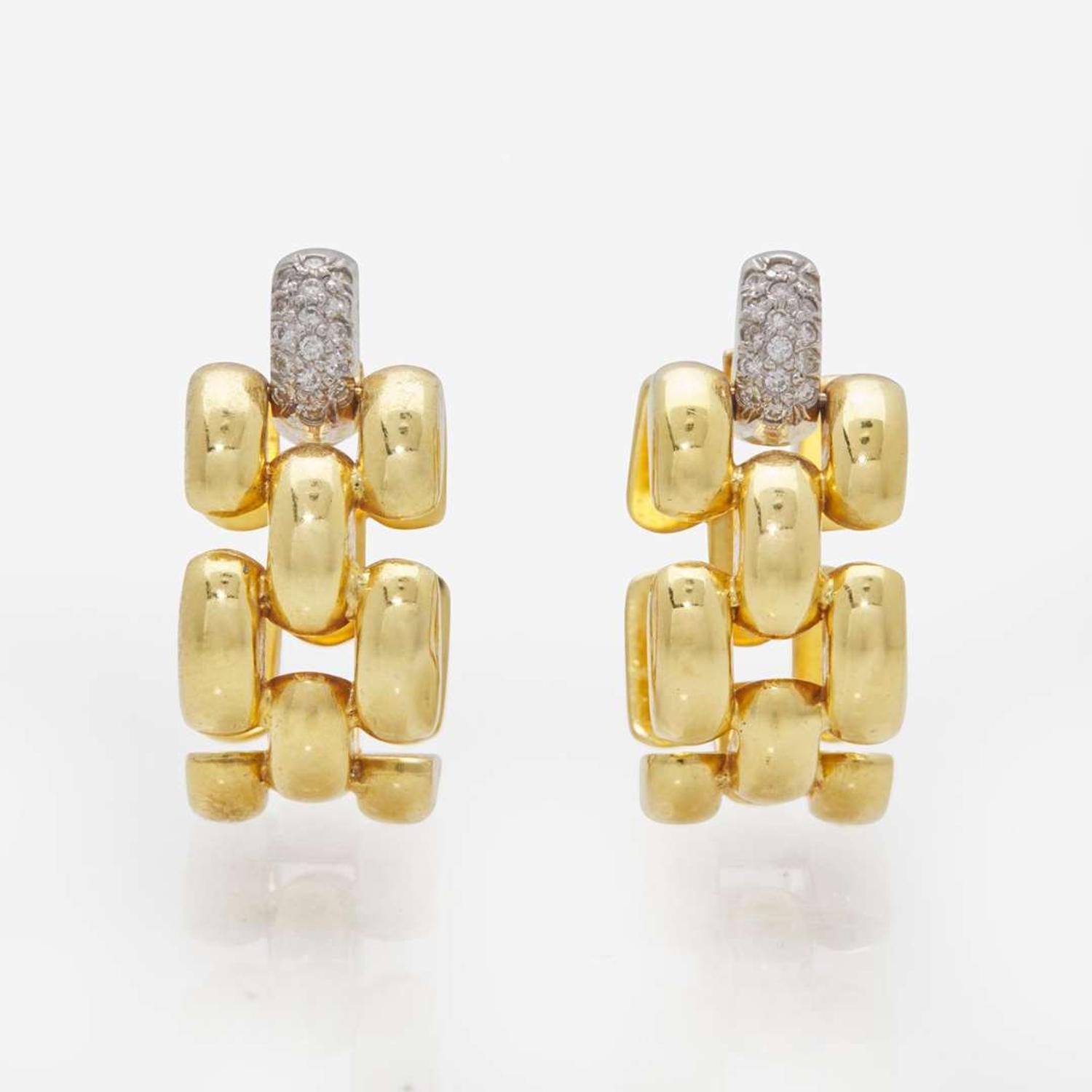 A Pair of 18K Yellow Gold and Diamond Earrings