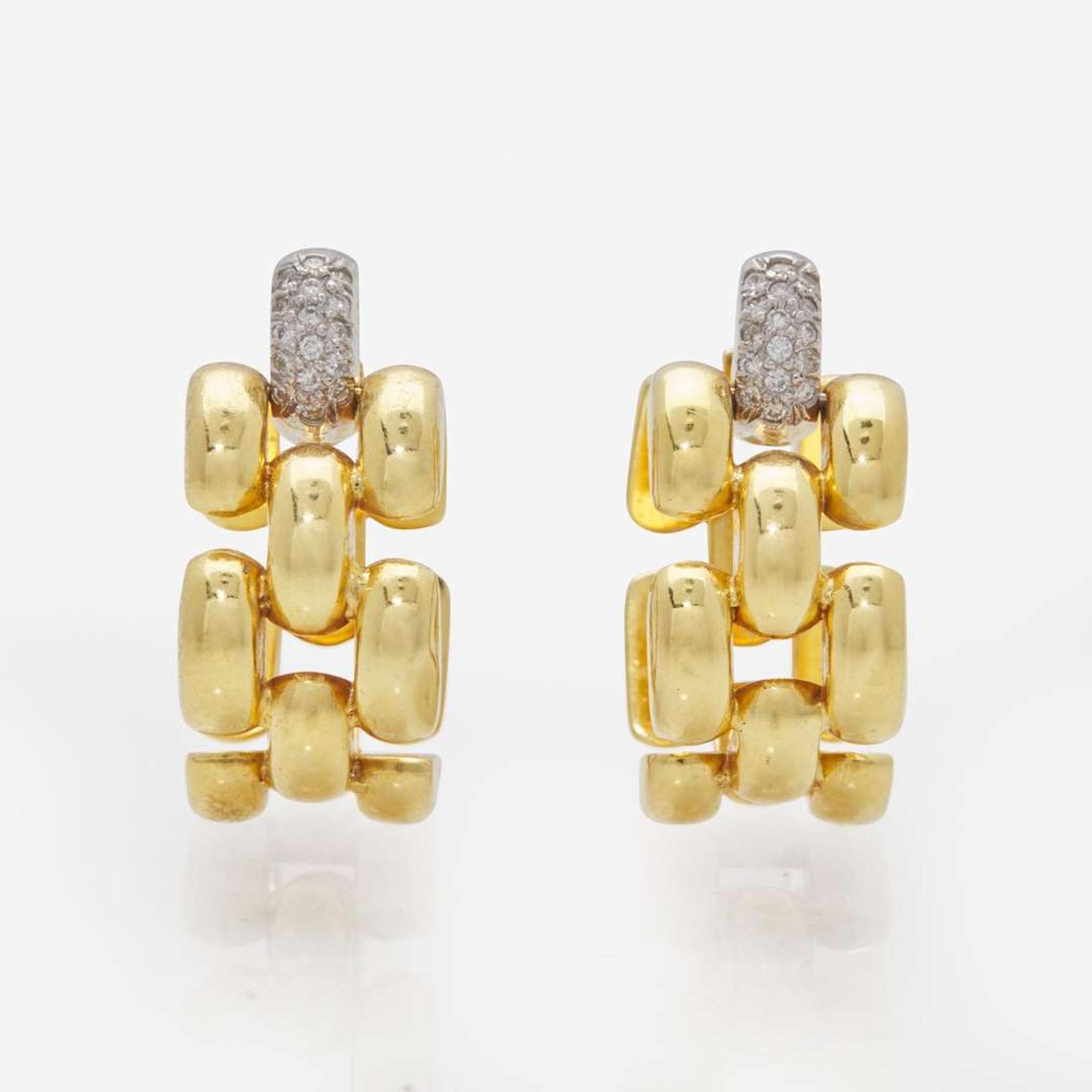 A Pair of 18K Yellow Gold and Diamond Earrings