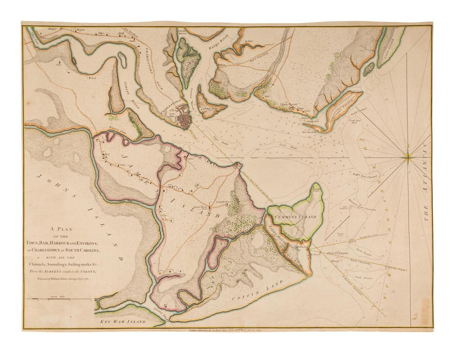 [MAP]. FADEN, William (1749-1836). A Plan of the Town, Bar, Harbour and Environs of Charlestown in South Carolina, with All the Channels, Sounding, Sailing-Marks, &c... London: William Faden, 1780.