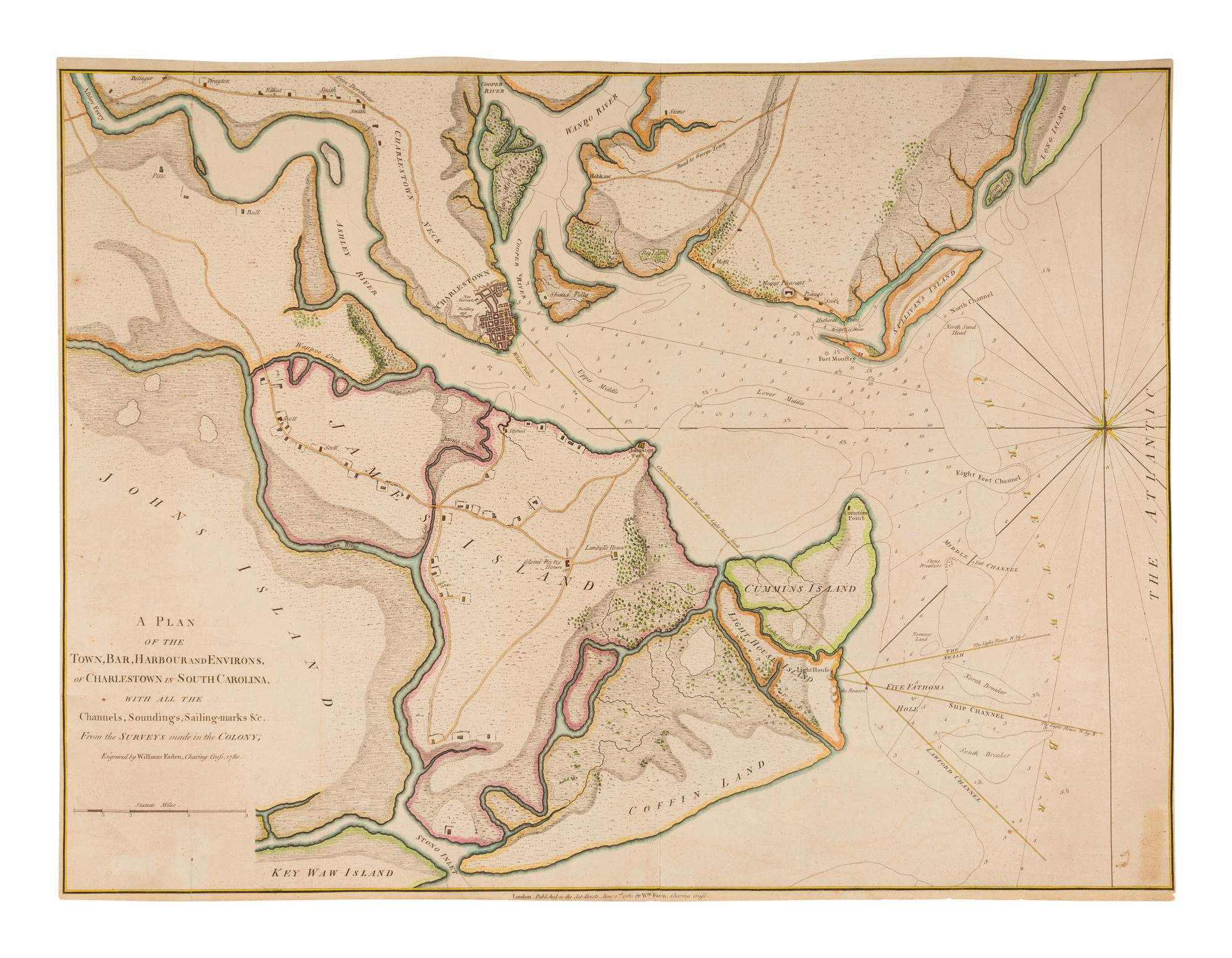 [MAP]. FADEN, William (1749-1836). A Plan of the Town, Bar, Harbour and Environs of Charlestown in South Carolina, with All the Channels, Sounding, Sailing-Marks, &c... London: William Faden, 1780.