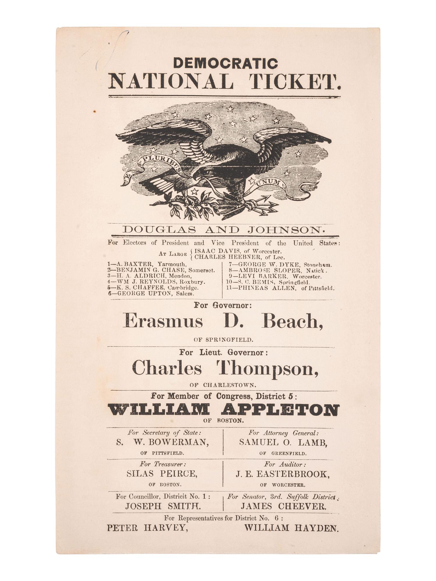 [DOUGLAS, Stephen (1813-1861)]. Democratic National Ticket. [Massachusetts], [1860].
