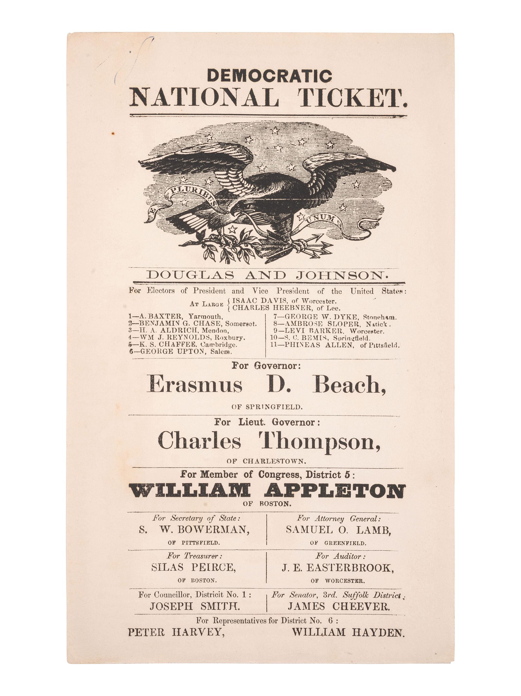 [DOUGLAS, Stephen (1813-1861)]. Democratic National Ticket. [Massachusetts], [1860].
