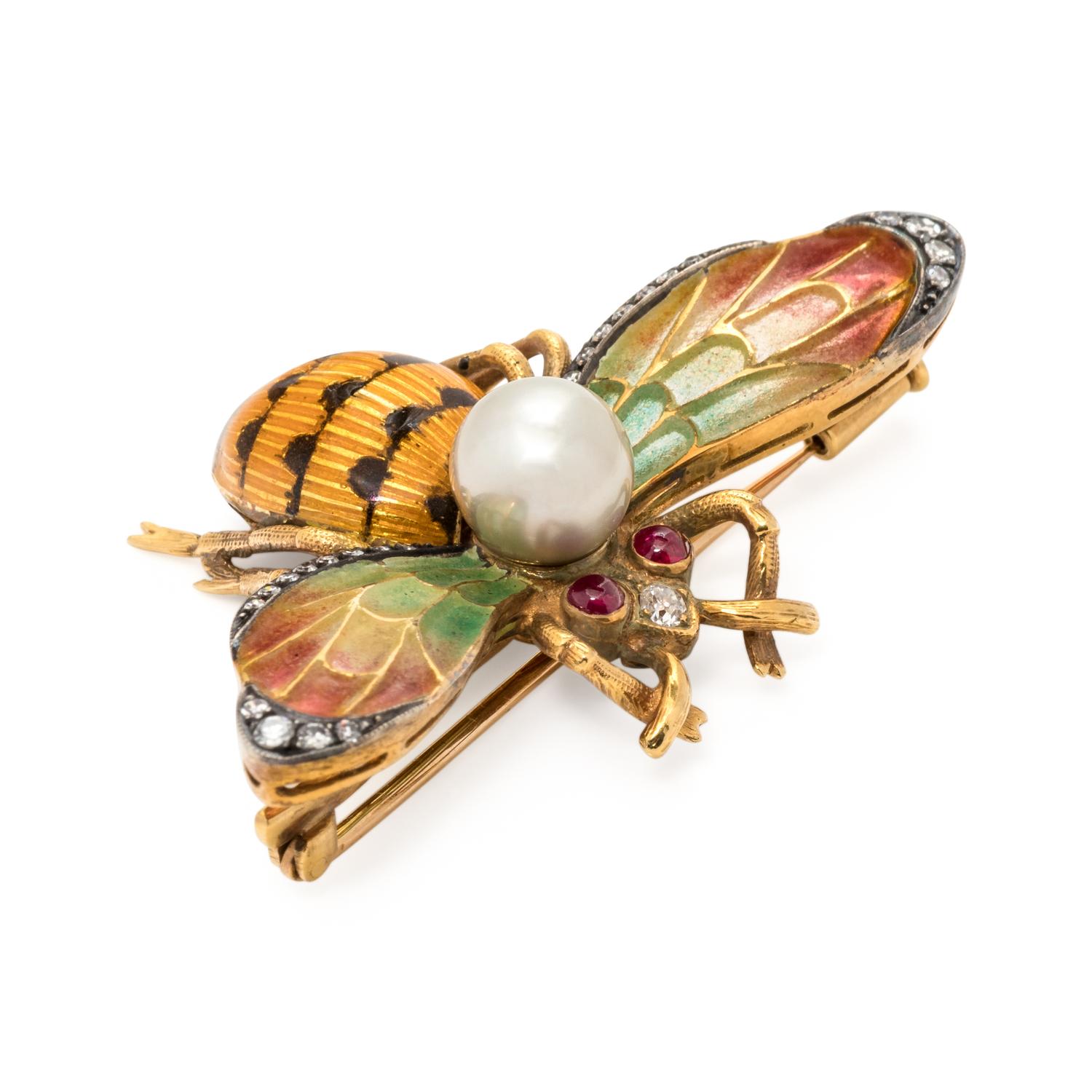 EVELYN CLOTHIER, DIAMOND, MULTIGEM AND PLIQUE-À-JOUR ENAMEL BEE BROOCH