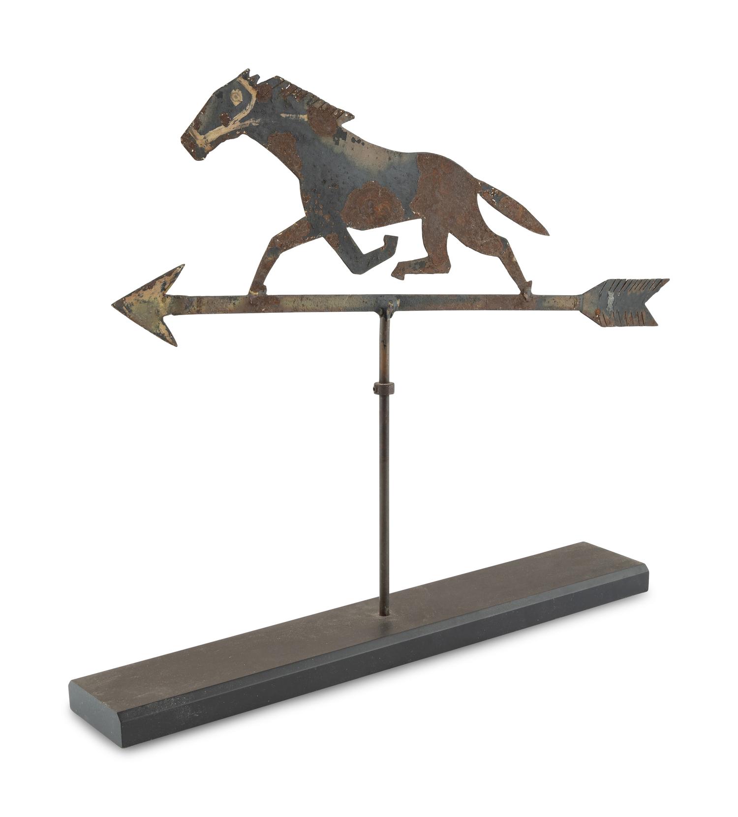A Cut and Painted Sheet Iron Race Horse Weathervane