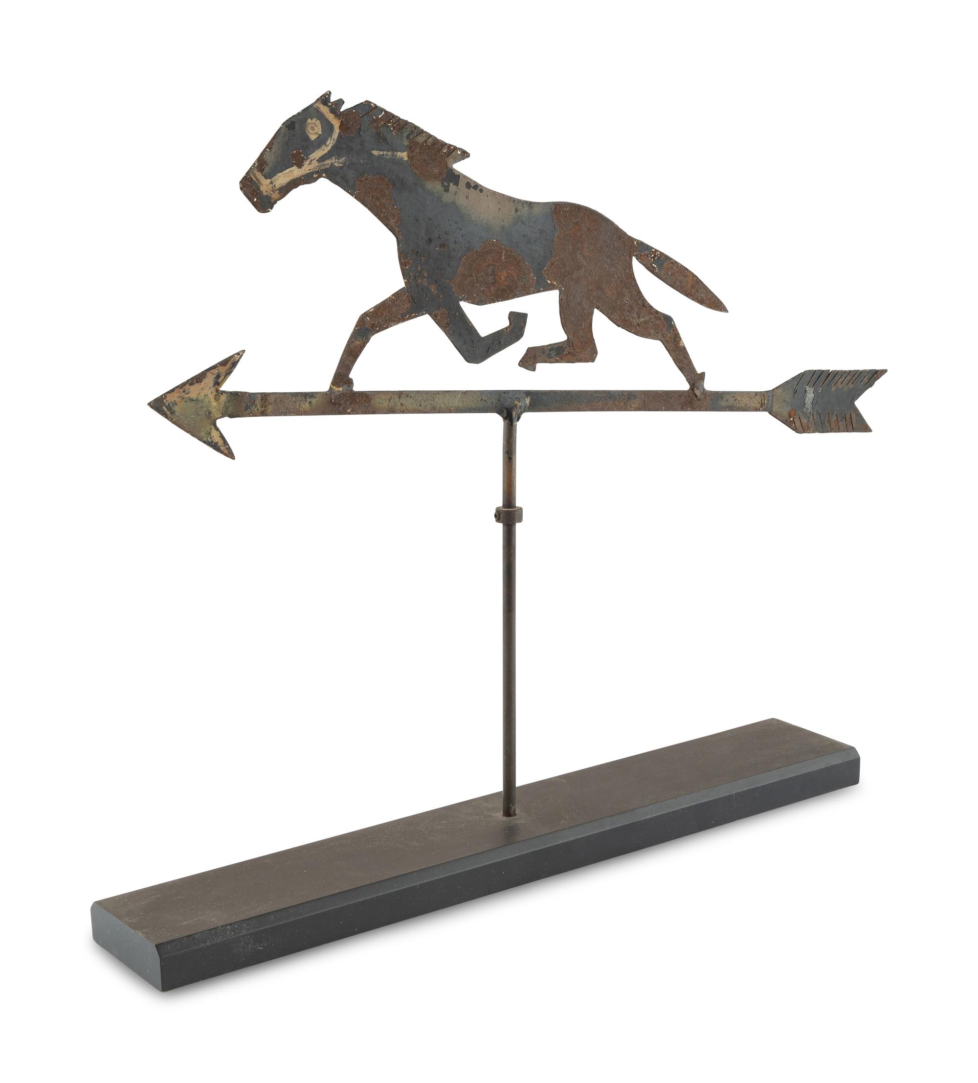 A Cut and Painted Sheet Iron Race Horse Weathervane