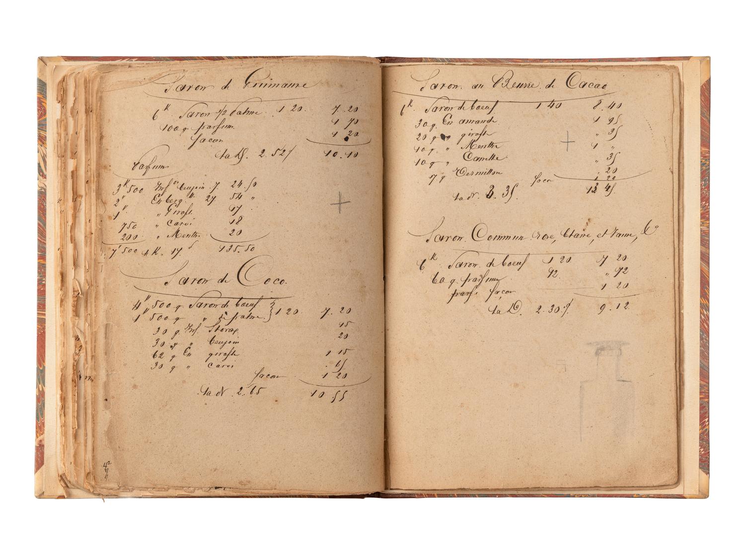[MANUSCRIPT - PERFUMERY]. Collection of formulas for perfumes and soaps. [France, ca 1850-1860s].
