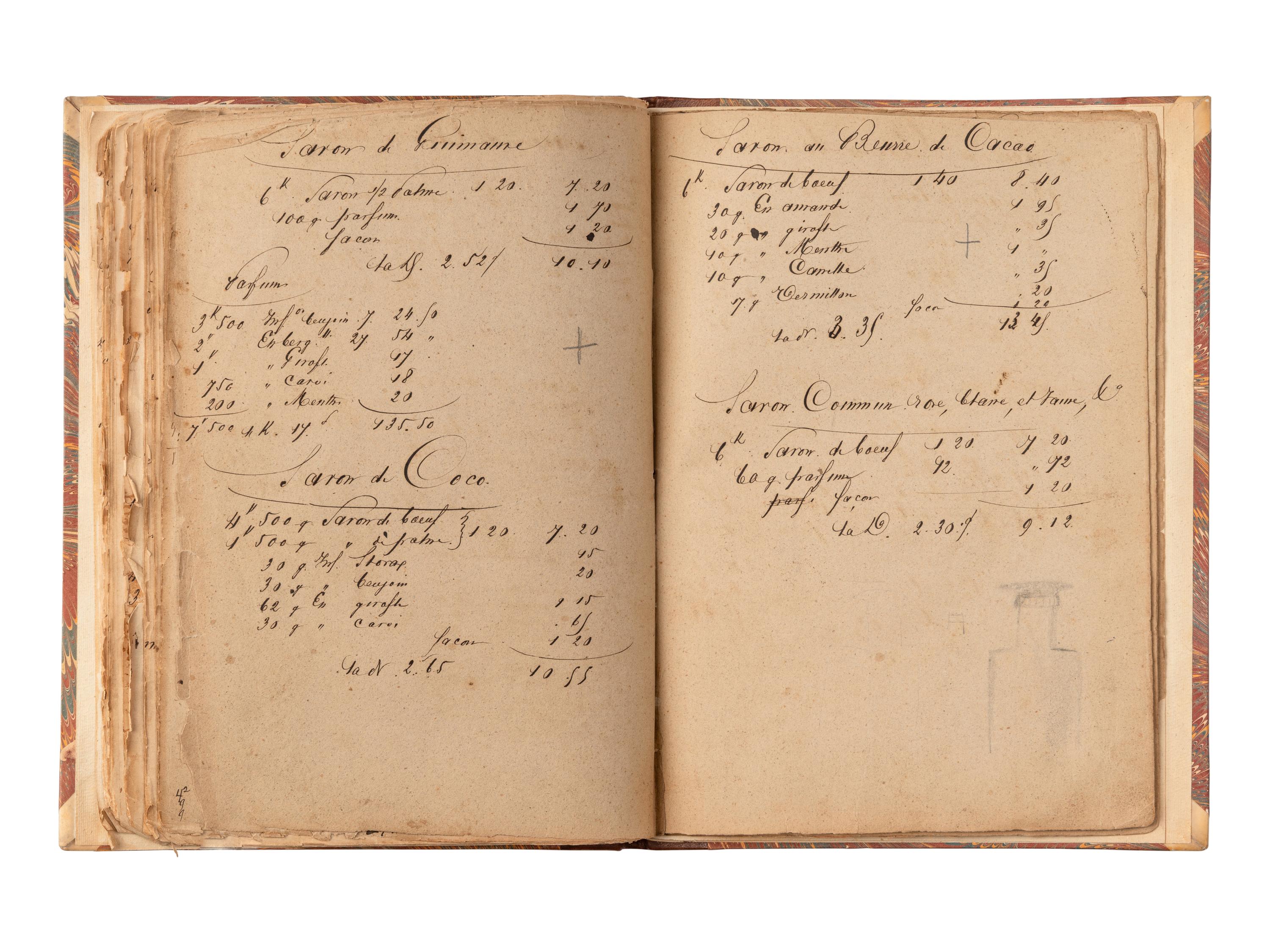 [MANUSCRIPT - PERFUMERY]. Collection of formulas for perfumes and soaps. [France, ca 1850-1860s].