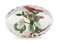A Paul Stankard Cardinal and White Flower on White Ground Faceted Glass Paperweight
