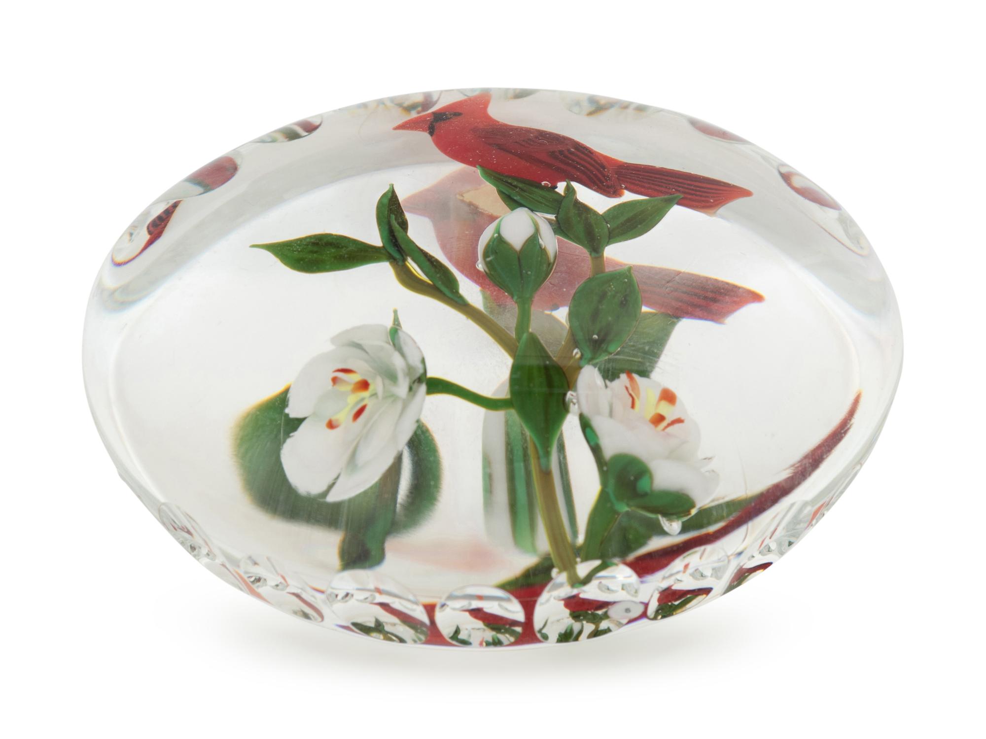 A Paul Stankard Cardinal and White Flower on White Ground Faceted Glass Paperweight
