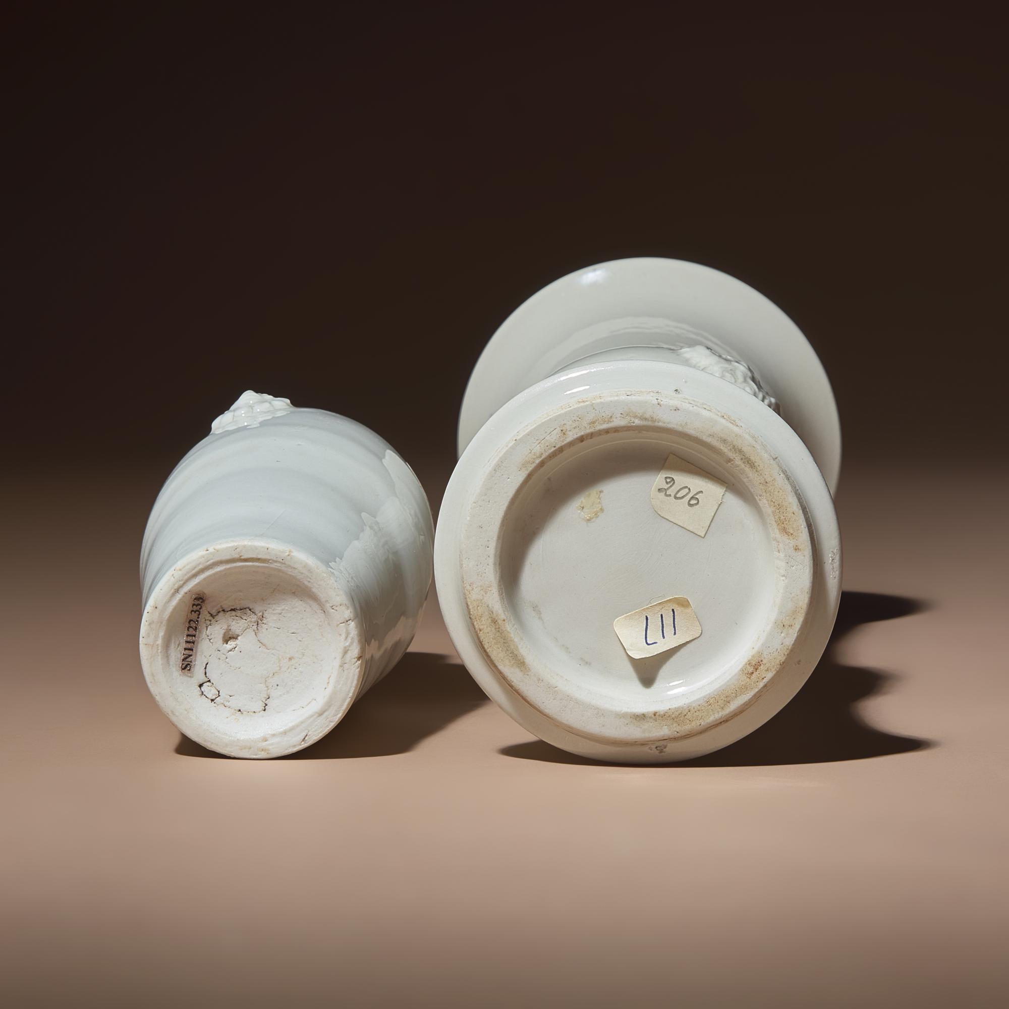 Two Chinese Blanc-de-Chine Porcelain Vases, 17th-18th Century — 清中期 德化白瓷雙輔首耳筒瓶及花觚