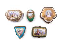Five Continental Gilt Metal Mounted Polychrome Decorated Pill Boxes