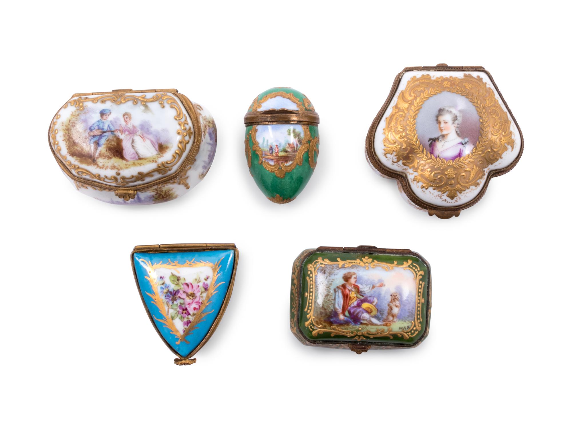 Five Continental Gilt Metal Mounted Polychrome Decorated Pill Boxes