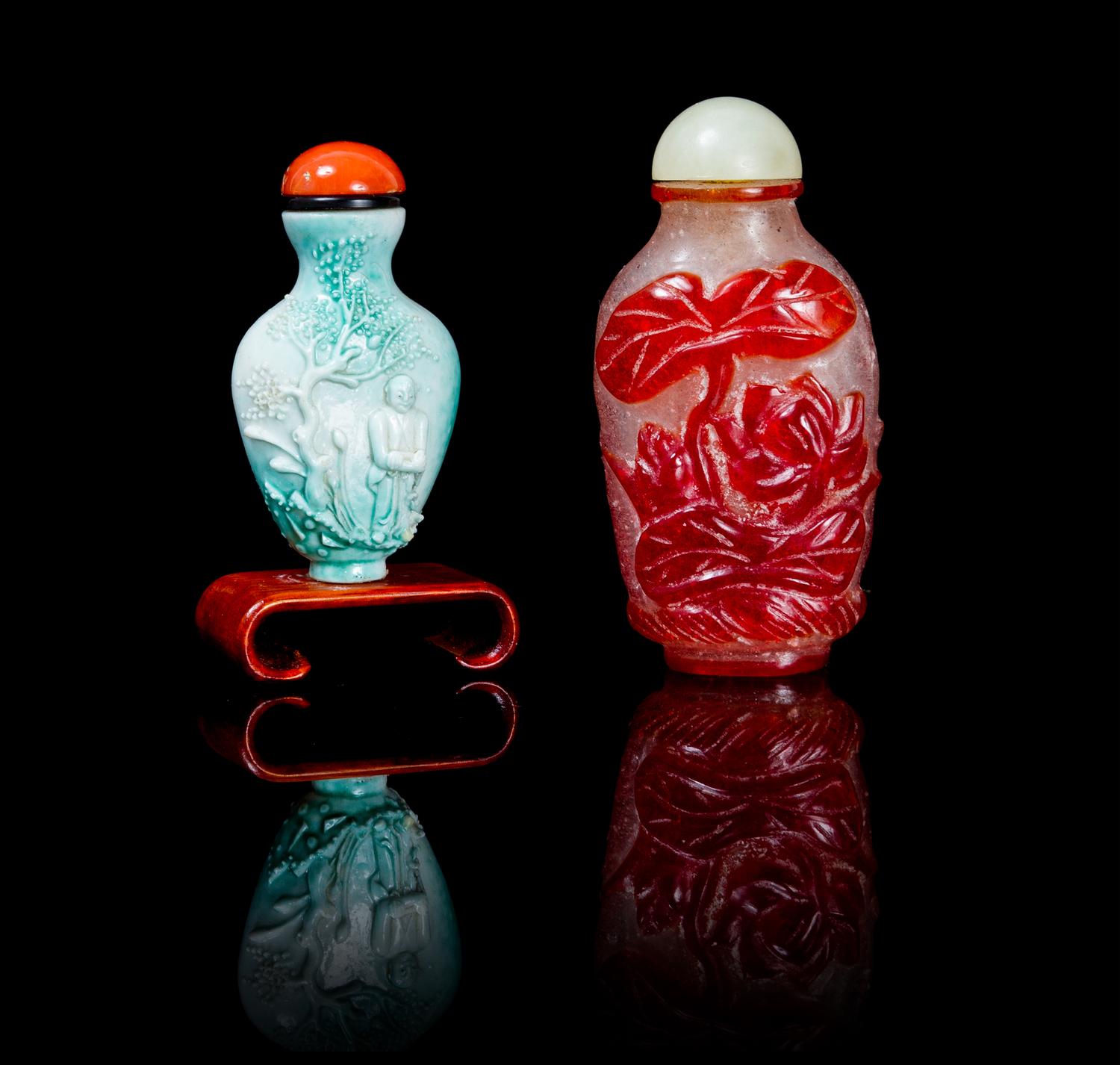 Two Snuff Bottles Height of taller 3 inches.