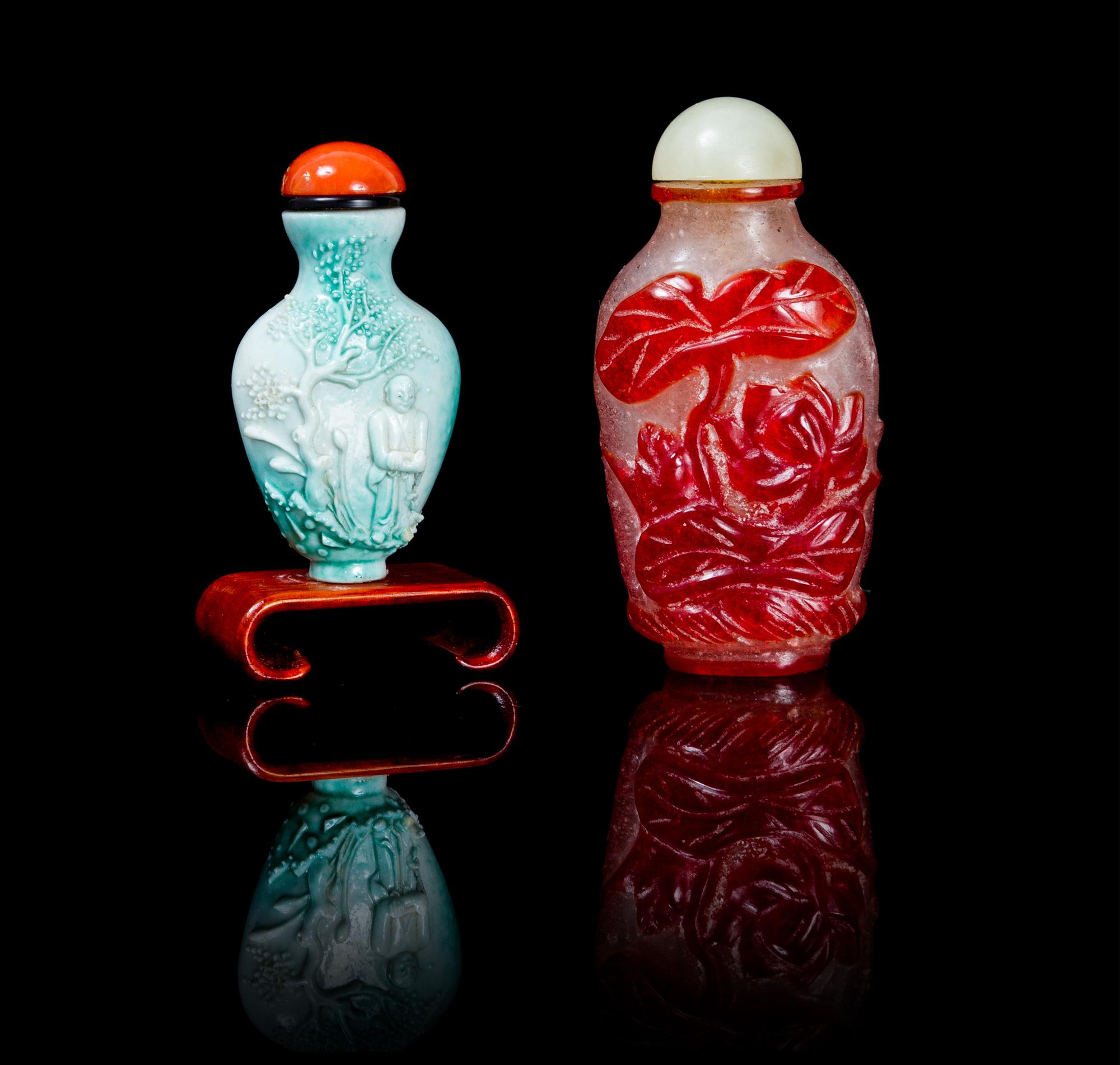 Two Snuff Bottles Height of taller 3 inches.