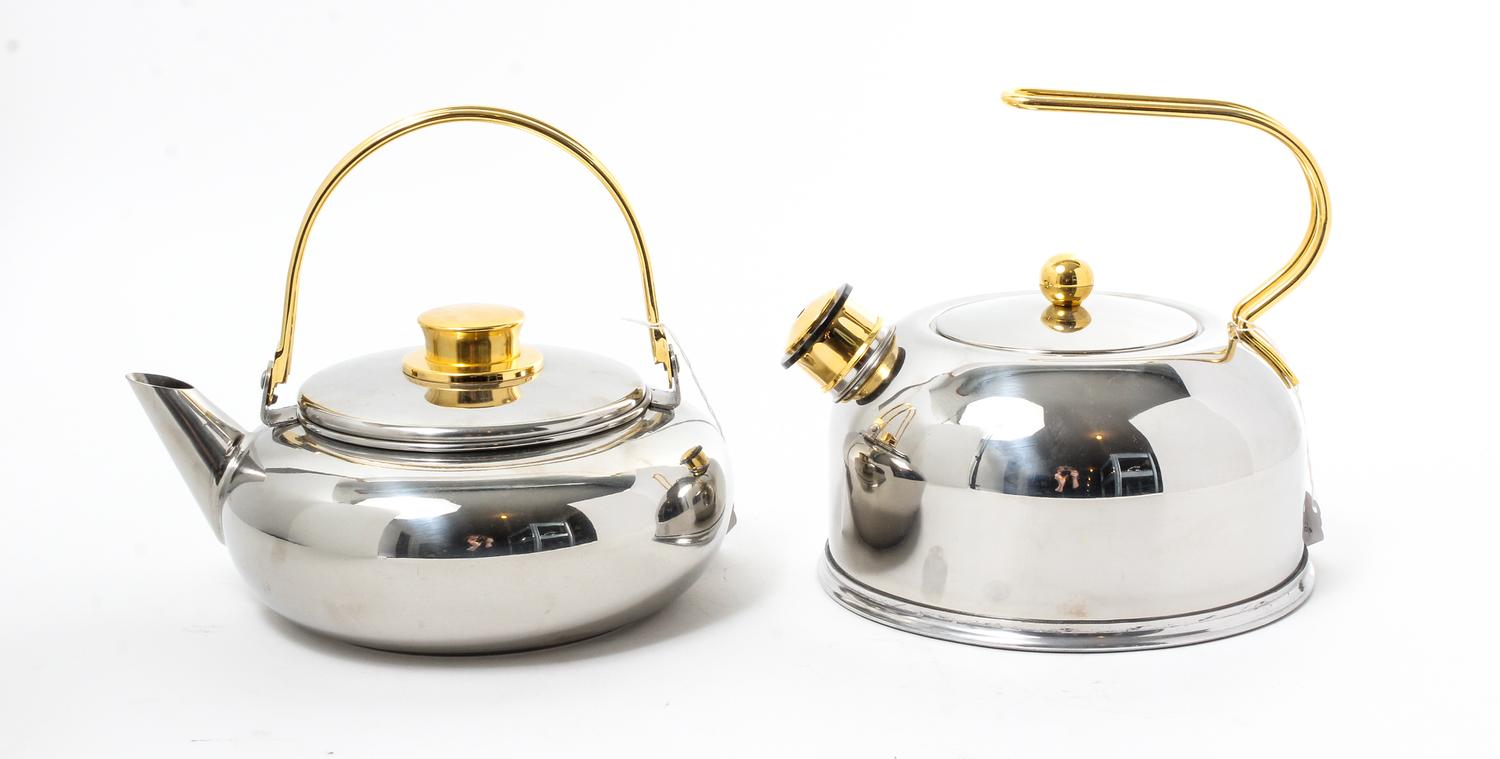 Two Stainless Steel Kettles Height of taller example 8 x width 9 3/4 inches. — 20TH CENTURY