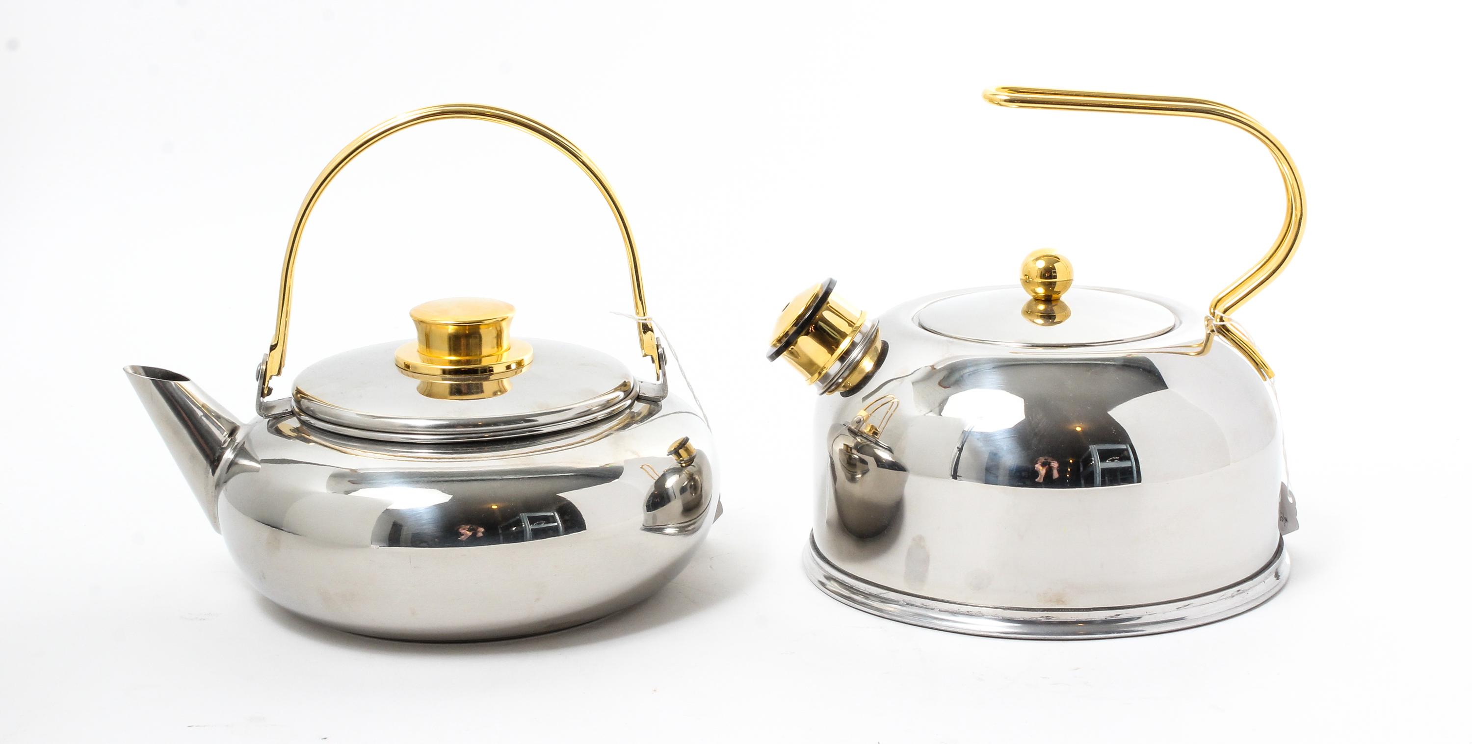 Two Stainless Steel Kettles Height of taller example 8 x width 9 3/4 inches. — 20TH CENTURY