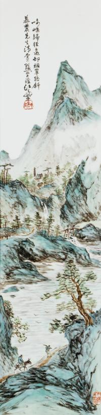 A Set of Four Chinese Famille Rose Porcelain Inset Hardwood-Framed Hanging Screens, 20th Century 近代 硬木嵌粉彩山水圖瓷板挂屏一組四件