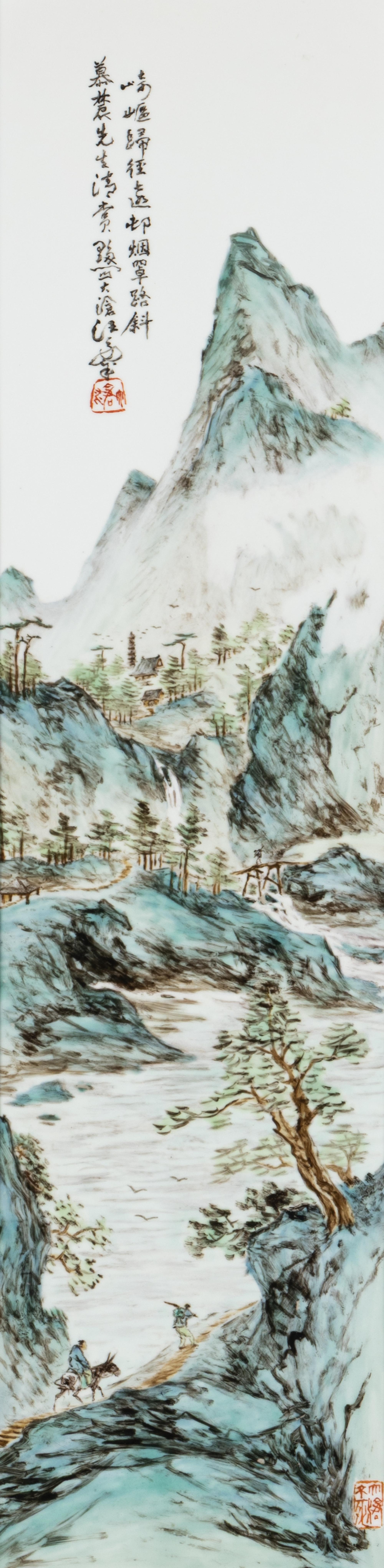 A Set of Four Chinese Famille Rose Porcelain Inset Hardwood-Framed Hanging Screens, 20th Century 近代 硬木嵌粉彩山水圖瓷板挂屏一組四件