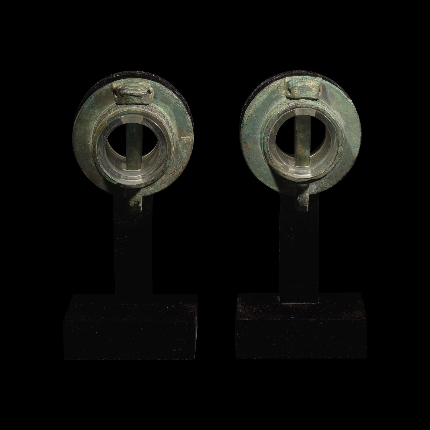 A Pair of Chinese Bronze Chariot Fittings 青銅獸面紋車軎