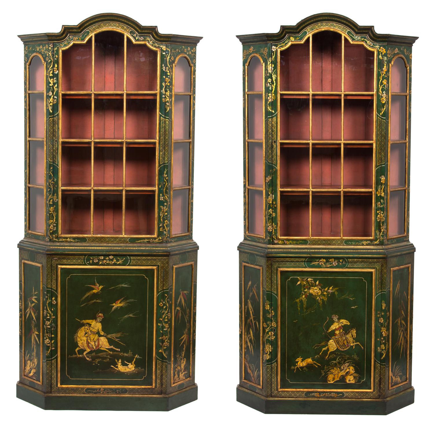 A Pair of Regency Lacquered and Gilt Decorated Display Cabinets Height 79 1/4 x width 38 x depth 10 1/2 inches. — 19TH CENTURY