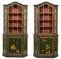 A Pair of Regency Lacquered and Gilt Decorated Display Cabinets Height 79 1/4 x width 38 x depth 10 1/2 inches. — 19TH CENTURY