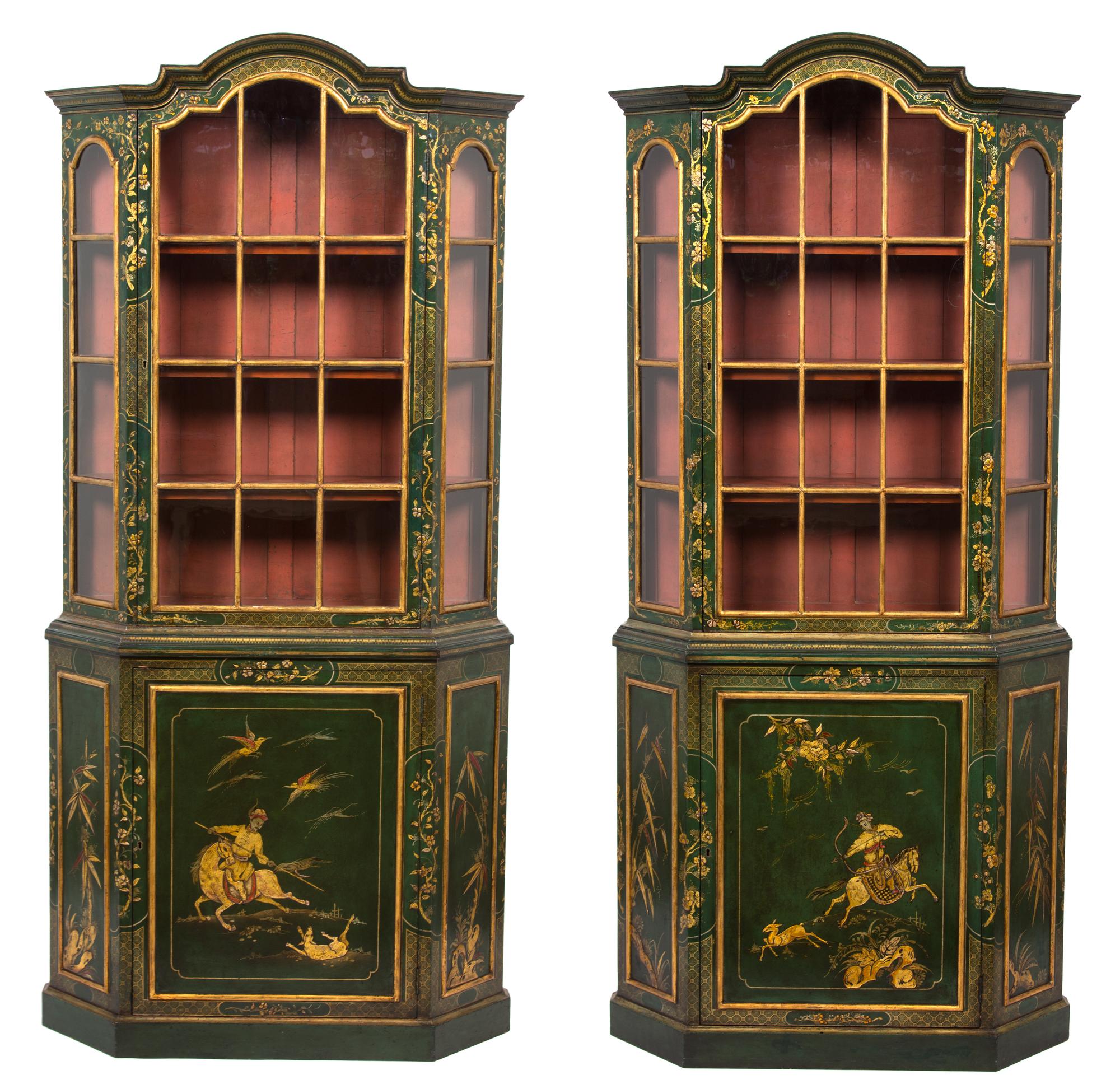 A Pair of Regency Lacquered and Gilt Decorated Display Cabinets Height 79 1/4 x width 38 x depth 10 1/2 inches. — 19TH CENTURY