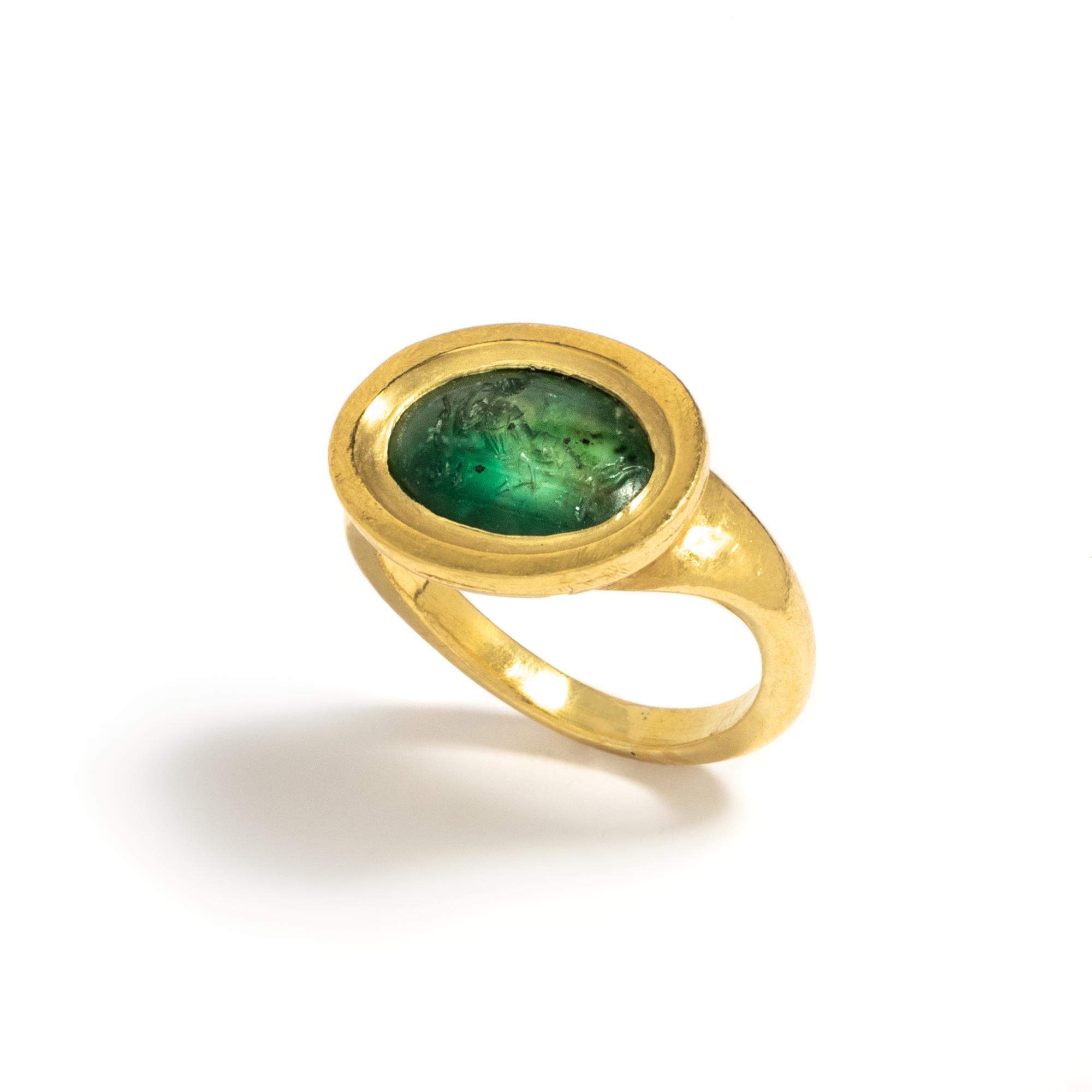 A Roman Plasma Ring Stone with the Goddess Isis-Aphrodite — Set in a gold ring