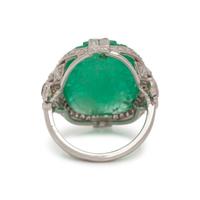 CARVED EMERALD, DIAMOND AND COLORED DIAMOND RING
